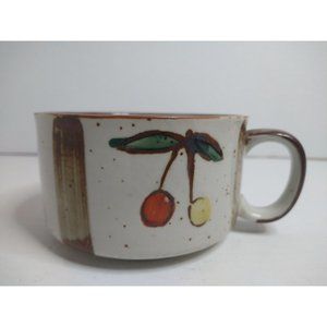 Vintage Mug Brown Glazed Speckled Stoneware with Cherries,Japan